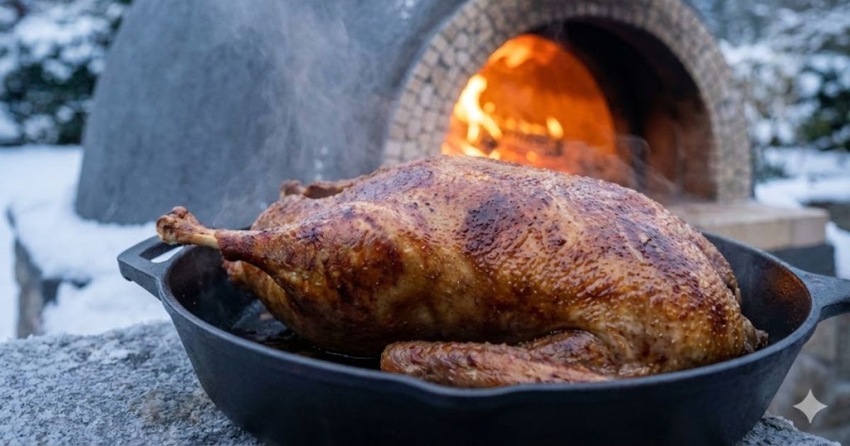 Ilustrativní obrázek pece Ignis s pekáčem a kachnou.